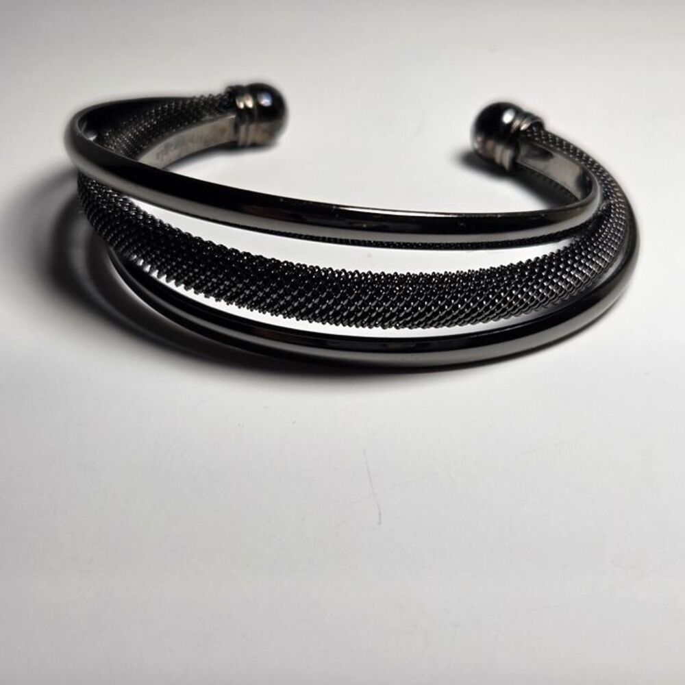 Lia Sophia Gunmetal Black Mesh Black Chrome 3 Band Cuff Bracelet